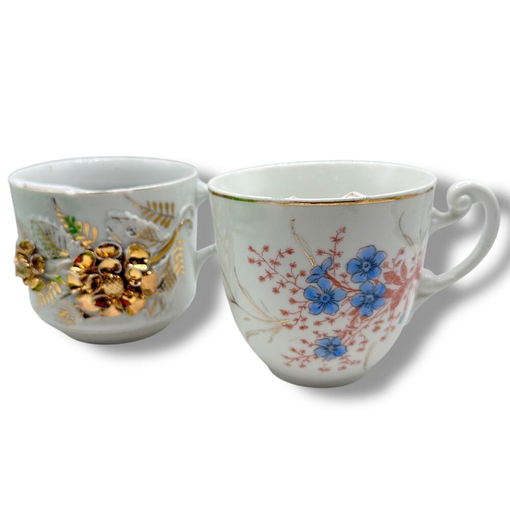 Vintage mustache mugs tea cups one with gold flower sculpted